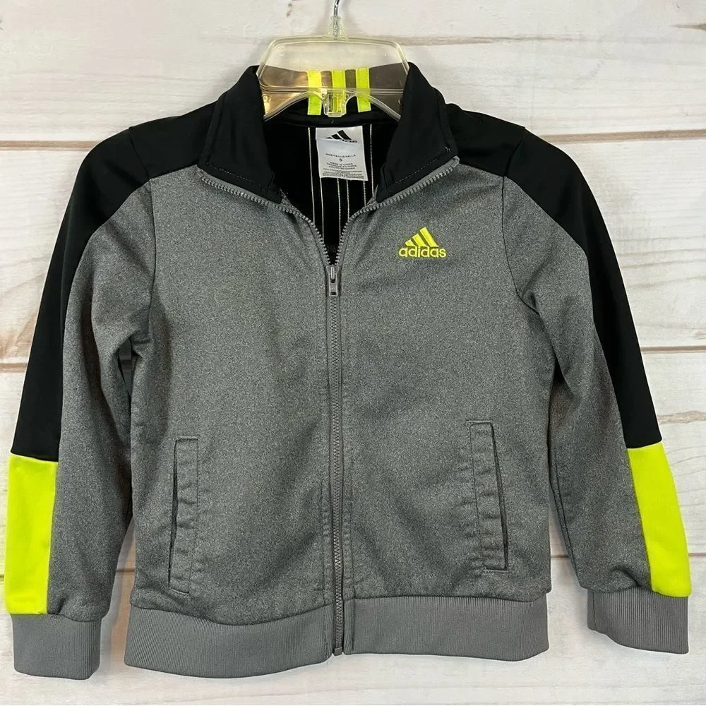 Boys Adidas Fleece Zip Up Gray, Black & Neon Green Track Jacket Small Pockets